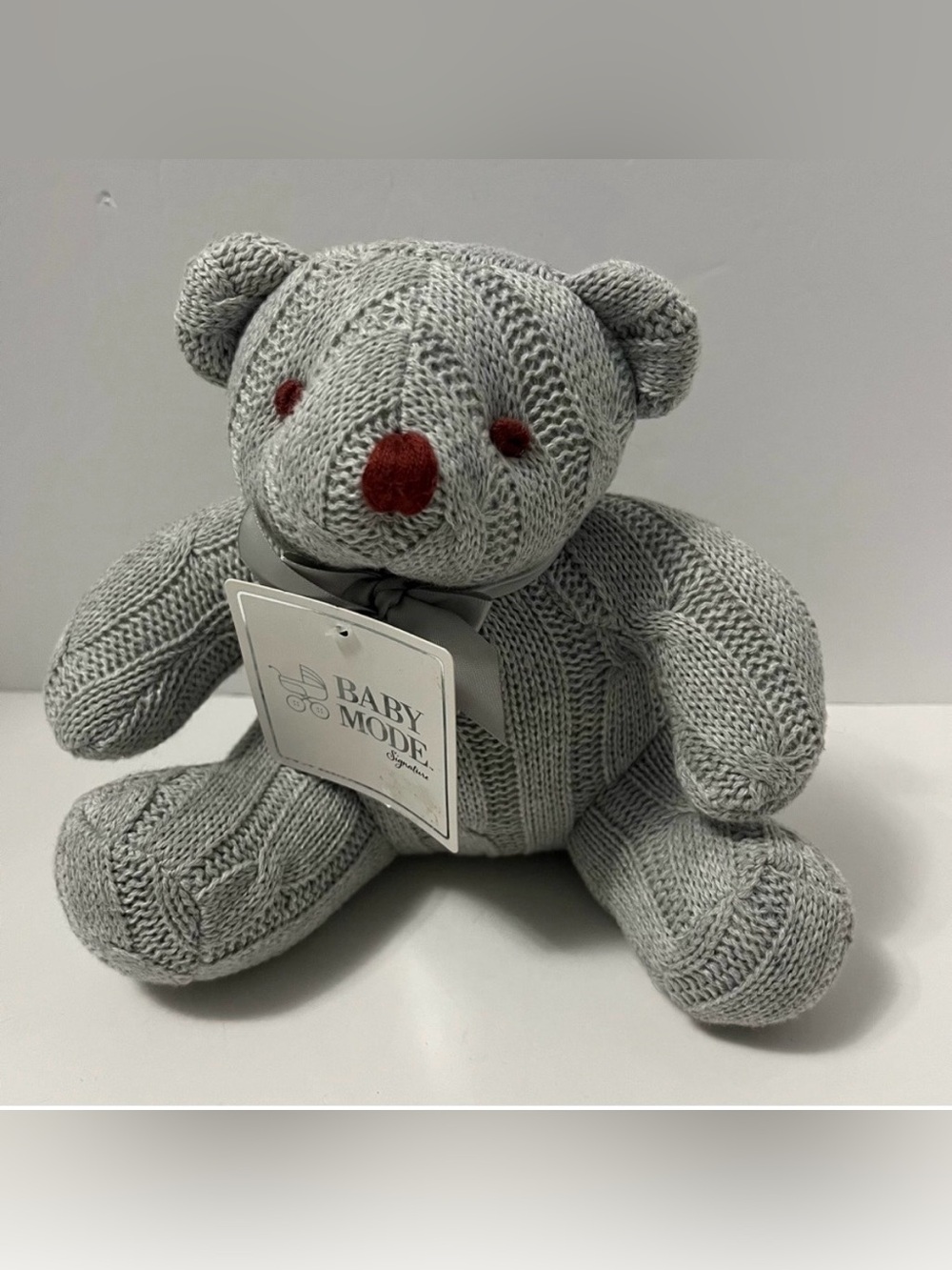 BABY MODE grey cable knit plush bear stuffed animal doll NWT toy 100% cotton